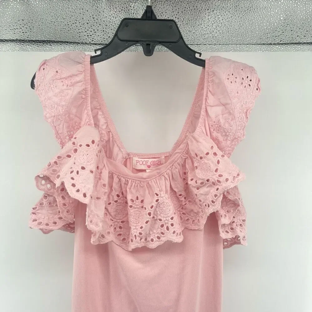 Poof Girl Pink Eyelet Ruffle Trim Sleeveless Cotton Blend Top - Small